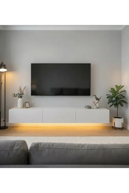 Led Işıklı Tv Ünitesi 170 Cm Mat Beyaz Çekmeceli ve Kapaklı Tv Sehpası